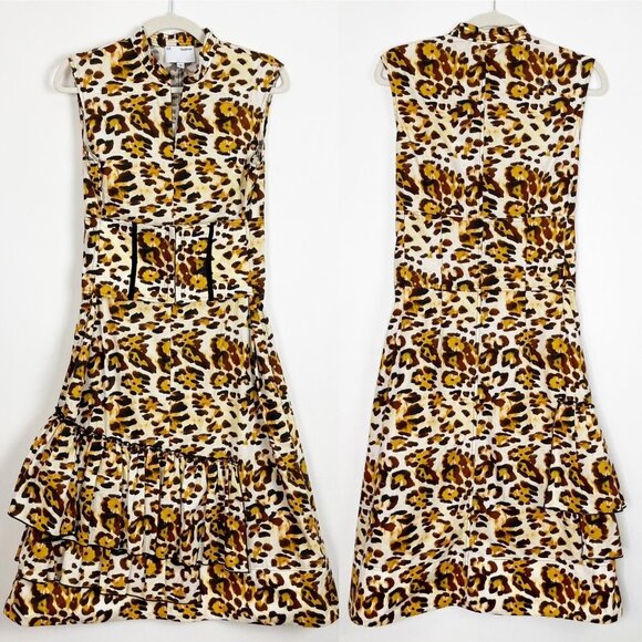 CF Goldman Leopard Corset Midi Dress Womens Size 0 Ruffle Cheetah - Picture 2 of 10